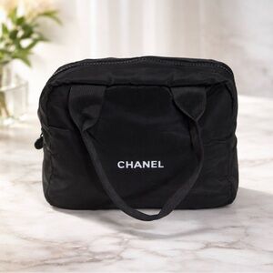 Chanel Black Cosmetic Puffy Pouch Makeup Bag Mini Boston Bag W/Handled